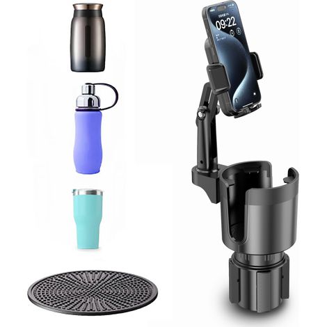 Support téléphone pour Porte-gobelet, Support 2 en 1 pour Porte-gobelet avec Bras  à 360° pour Voiture pour Tous Les  de 4 à 7 Pouces et la Plupart