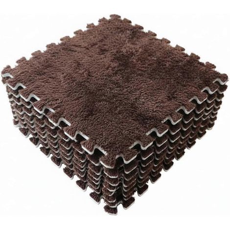 Tapis de sol emboîtables polaire douce, dalles mousse EVA souple 33x33 cm, revêtement modulaire rembourré marron pour chambre et salon (1/5)