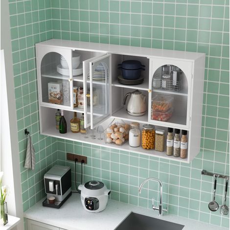 Mobile contenitore sospeso 120x23x70 cm con 4 ante, vetro e metallo nero, per cucina e soggiorno, uso quotidiano - bianco (1/5)