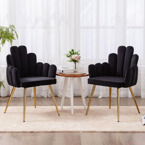 Esszimmerstühle 2er Set Samt Polsterstuhl mit Rückenlehne Muschel Sessel Schwarz Gold (1/5)