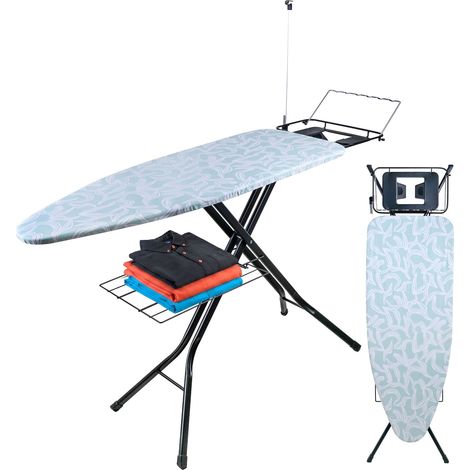 Relaxdays Table à repasser 123 x 46 cm, hauteur réglable, pliable, avec station et tablette, vert menthe/blanc (1/5)