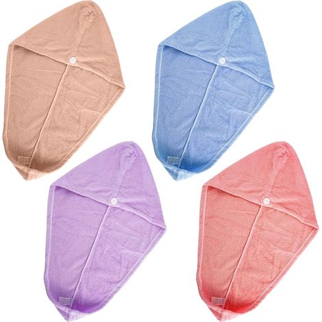 4-teiliges Mikrofaser-Haarhandtuch-Set für lockiges Haar, schnelltrocknendes Haarhandtuch, Mikrofaser-Haarhandtuch, super saugfähig mit Knopf für lockiges oder langes Haar (Blau, Lila, Kaffeebraun, Ro (1/5)