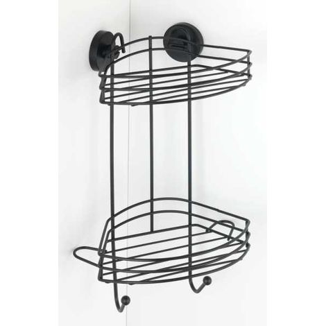 WENKO Mensola angolare da bagno a muro, 2 cestini per doccia con fissaggio senza foratura "Vacuum Loc Plus", riposizionabile senza lasciare tracce, Stile loft, Acciaio verniciato, 23x43x21 cm, Nero (1/5)