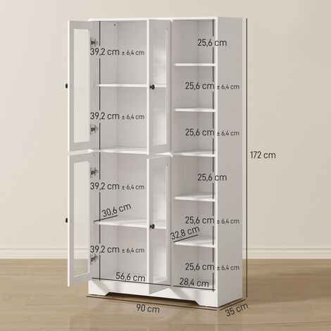Meuble de cuisine avec portes vitrées, étagères, rangements ouverts, hauteur 172 cm, MDF, blanc (1/5)