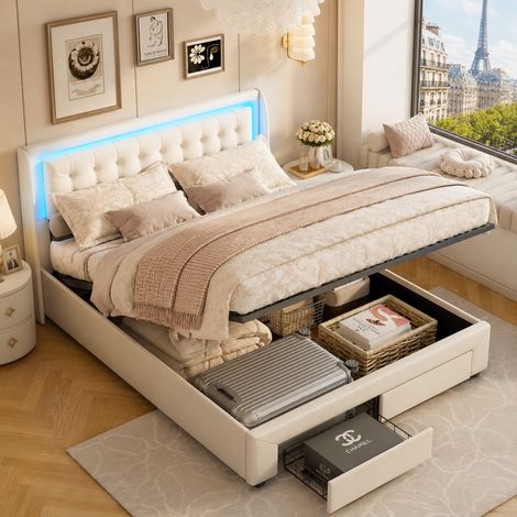 Lit coffre double adulte 140x190 cm en velours rembourré avec éclairage LED, rangement hydraulique, tiroirs et sommier à lattes (1/5)