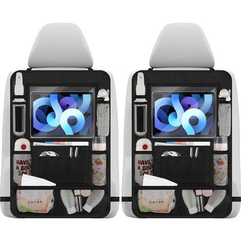 2 Pièce Organisateur Voiture Enfant, Rangement avec 10 Poches, Universel Protection de Dossier de Voiture Enfants avec Poche iPad 10 pouces, Organiseur pour Bouteilles Jouets Livres, Noir (1/5)