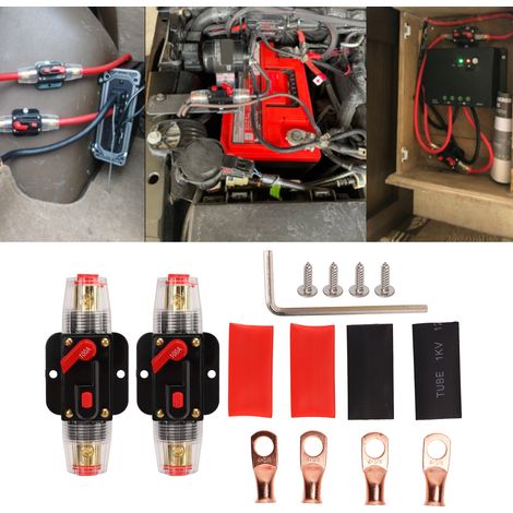 Disjoncteur audio de voiture en ligne 12-24V en 2 pièces avec porte-fusible à réarmement manuel, languettes de connexion et gaine thermorétractable, pour systèmes audio de voiture et de bateau, 100A. (1/5)
