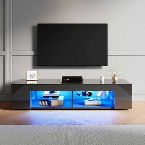 ELEGANT High Gloss TV Stand with LED Lights, Floor Stand TV Unit with Open Glass Shelves, Suitable for Living Room & Bedroom, Black, 1350x390x300mm (1/5)