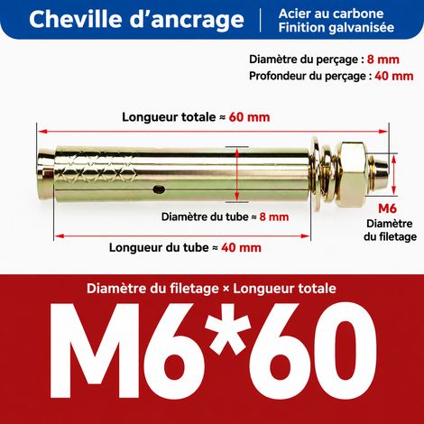 Goujon d'ancrage cheville métallique M6 x 60 mm lot de 50 m6 60 50 pièces 1 kg – Livraison gratuite