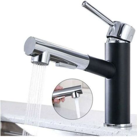 Robinet de cuisine rétractable 2-en-1, pivotant à 120°, en acier inoxydable brossé noir et chromé, pour évier (1/4)