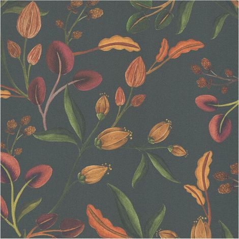 Flowers wallcovering wall Profhome 782112 hot embossed non-woven wallpaper smooth with floral ornaments matt anthracite green orange wine red 5,33 m2 (1/5)