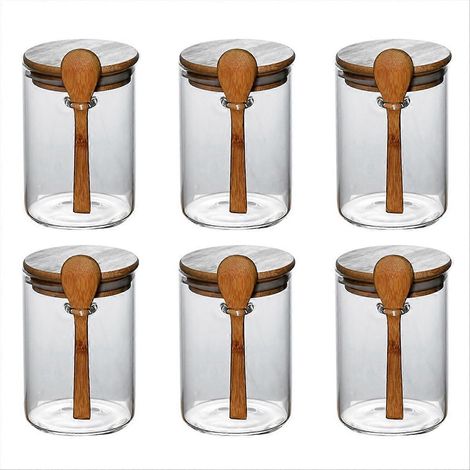 Bocaux à épices en verre, bocaux de rangement en verre, bonbonnière avec couvercle en bambou hermétique et cuillère, bocaux de conservation en verre transparent pour aliments en vrac (1/5)
