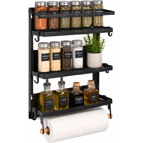 Relaxdays estante para especias, 3 niveles, organizador magnético de cocina, portarrollos, 10 ganchos, metal, negro (1/5)