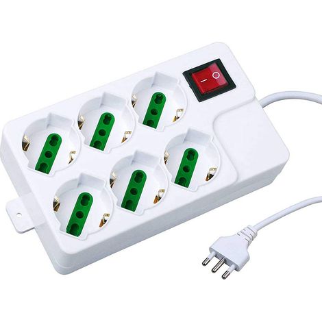 Multipresa schuko ciabatta elettrica a 6 posti polivalenti 10/16A con protezione da sovratensioni e interruttore on/off 250V max 2500 watt cavo 1,5 m con spina italiana (1/4)