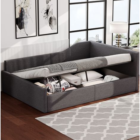 MEUBLIV Cama 140x200 cm gris – con almacenaje bajo la cama y respaldo, sin colchón (1/5)