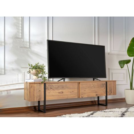 Dmora - Fernsehschrank Lilith, Ständer für Wohnzimmerfernseher, Niedriges Wohnzimmer-Sideboard, TV-Ständerbasis, 180x30 h50 cm, Kiefer und Schwarz (1/5)