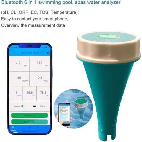 Analyseur de qualité de l'eau flottant pour piscines connectées - 6 en 1 - pH, chlore, conductivité, solides dissous totaux, potentiel d'oxydoréduction, thermomètre