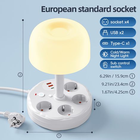 Multiprise – 3 ports USB et 4 prises – Lampe de bureau intégrée avec variateur à 3 niveaux – Design rond – Prise UE (1/2)