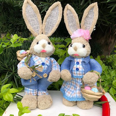 Statue Lapin De Pâques - En Paille Tissée À La Main - Hauteur 35 Cm - Décoration De Table Pour Intérieur Et Extérieur - Lot De 2 (1/5)