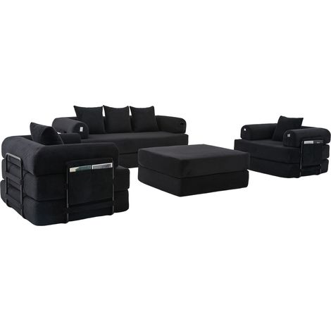 CHICFURN Divano modulare 200x190x67 cm in tessuto a coste nero con pouf, senza montaggio (1/5)
