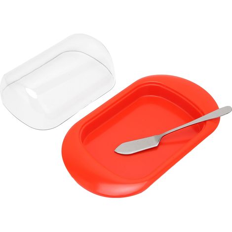 Boîte de rangement ronde en plastique avec couvercle transparent pour le beurre, le fromage, les desserts et le pain. Couteau rouge. (1/5)