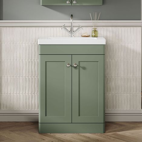 Nuie Classique Floor Standing 2-Door Vanity Unit with 1TH Contemporary Basin 600mm Wide - Satin Green (1/5)