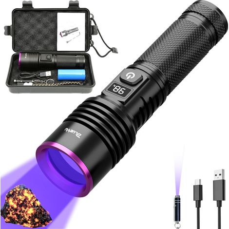 Lampe de poche UV 365nm, lumière UV rechargeable avec écran LCD, lampes de poche à lumière noire pour la détection de l’urine d’animaux, roches, durcissement de résine, scorpion. (1/5)
