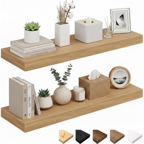 Lot de 2 étagères murales flottantes en Bois de 60 cm avec Supports Invisibles pour Salle de Bain, Chambre à Coucher, Bureau, Salon, Cuisine (chêne, 60 x 23,5 x 3,8 cm) (1/5)