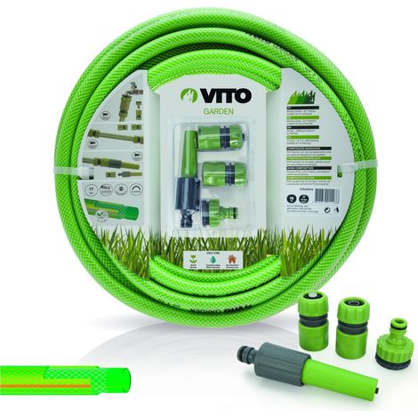 Kit d'arrosage jardin PVC renforcé 20 m diam 15mm lance multi jet +2 raccords + nez de robinet VITO