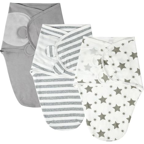 Lot de 3 Emmaillotage Bébé,Gigoteuse D'Emmaillotage Nouveau-né pour Garçon Fille 0-3 Mois,Essentiels Biologique Ajustable Sac de Couchage pour Bébé,Gris (1/5)