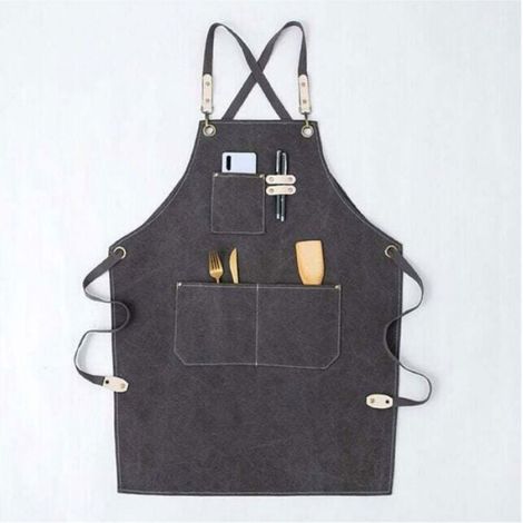 Tablier de cuisine en cuir - - Réglable - Gris - Cuir de vachette - Multifonctionnel - Dos croisé - Grande poche (1/5)