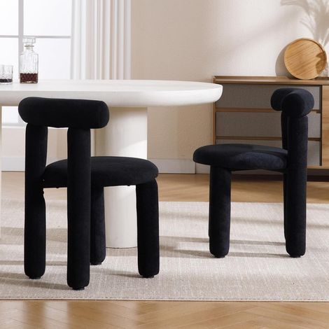 Esszimmerstühle 2er Set Kunstfell mit Rückenlehne, Polsterstuhl Schwarz (1/5)