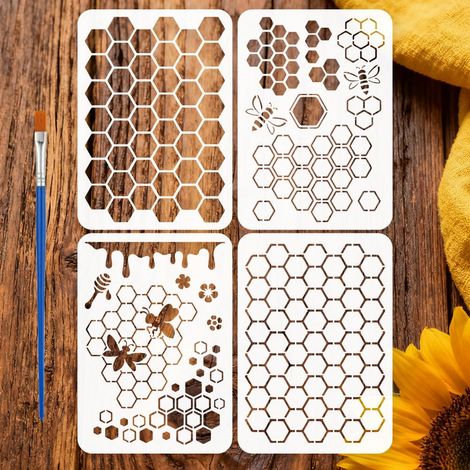 4Pcs Pochoir Abeille et Nid D'Abeille Hexagonal Avec Pinceau, 29.7x21cm Pochoir Reutilisable Nid D'Abeille Artisanat Pochoirs Décoratifs pour Peinture sur Bois Mur Tissu Meuble Carte (1/5)
