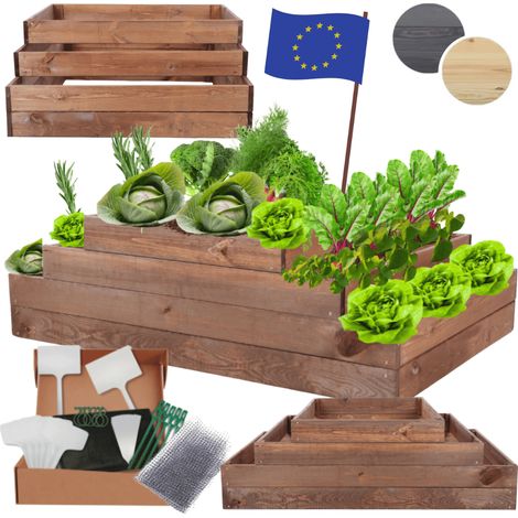MODO24 ZP09 Carré potager surélevé en escalier modulable, bois de pin, herbes/légumes, jardin/terrasse/balcon, 36x117x60 cm, marron