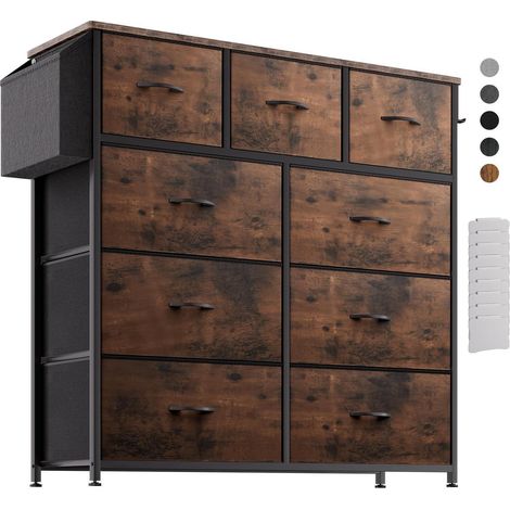 Commode 9 tiroirs tissu marron rustique avec poches latérales et étiquettes (1/5)