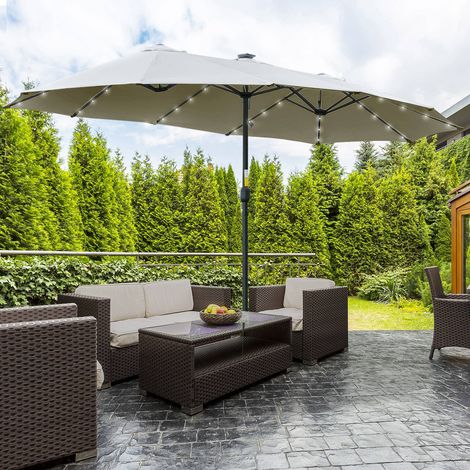 Doppelter Sonnenschirm 450 x 265 x 240 cm mit 48 LED-Leuchten, Kurbel, Sonnenschutz für Terrasse, Balkon und Pool, Hellgrau