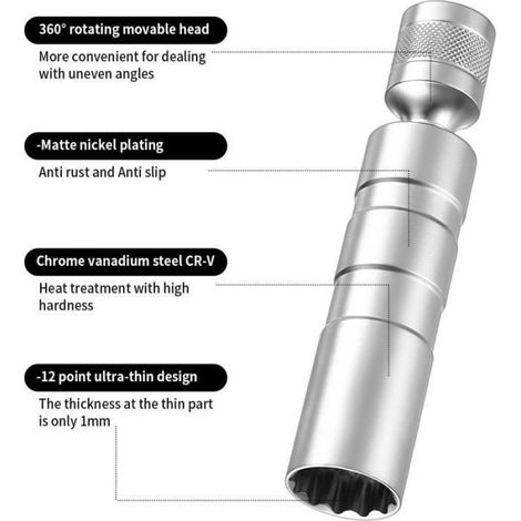 Clé À Bougie - 14 mm Et 16 mm - Tête Pivotante 360° - Douille Magnétique - Acier Chrome Vanadium - Pour Moteur Essence Diesel (1/4)
