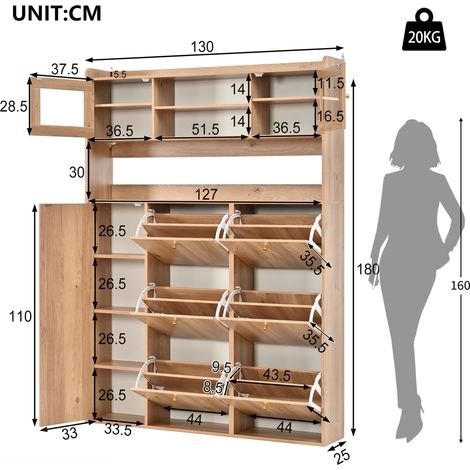Scarpiera con ante in vetro e illuminazione a LED – Scarpiera stretta con 6 scomparti basculanti e 1 anta, salvaspazio per corridoio e ingresso, 130x25x180 cm (1/5)