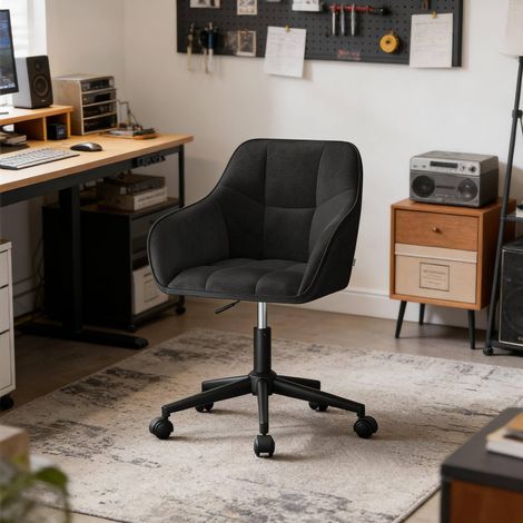 Silla de oficina giratoria regulable en altura, terciopelo negro, con ruedas DESVIAE (1/5)