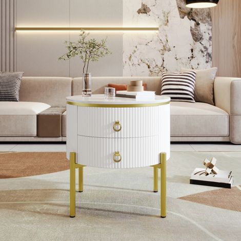 Table d'appoint 50x50x51 cm blanche et dorée, 2 tiroirs, effet marbre, MDF, pieds réglables MEUBLIV (1/5)