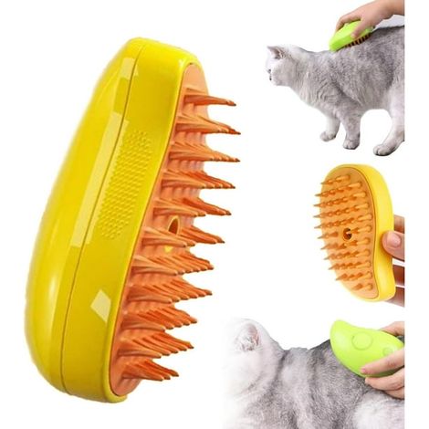 Steamy Cat Brush, 3 In1 Cat Steamy Brush, Self Cleaning Steam Cat Brush, Cat Steamer Brush for Massage, Cat Spray Massage Comb, Cat Brush for Removing Tangled and Loosse Hair (Yellow) (1/5)