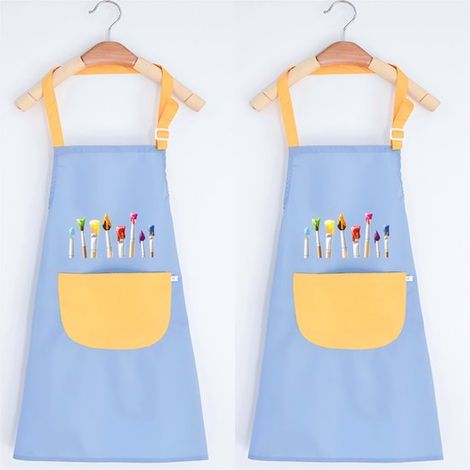 Delantal infantil de dibujo de 2 piezas，Conjunto de delantal，Delantal de cocina ajustable，Delantal impermeable，Ideal para dibujar，60 x 45 cm，Azul (1/5)