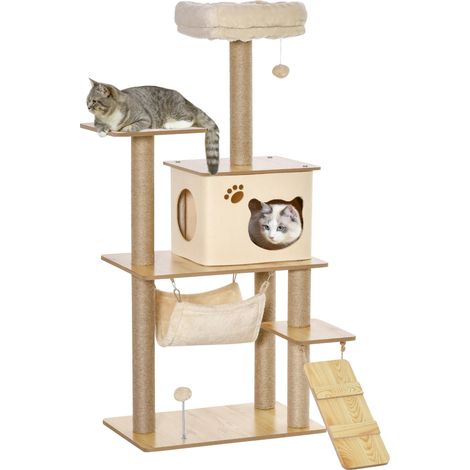 Arbre à chat beige 130 cm avec 5 plateformes, hamac, échelle, grotte, poteaux en jute et balle suspendue, accessoire design sobre pour intérieur pratique et complet
