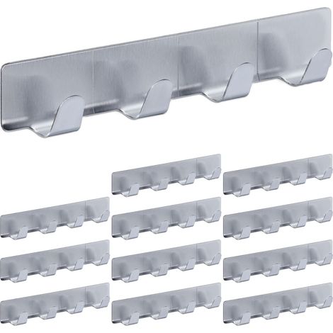 Relaxdays Hooks Strips, Set of 12, 4 Each, Self-Adhesive, Matt Stainless Steel, for Kitchen & Bathroom, 16 cm, Silver