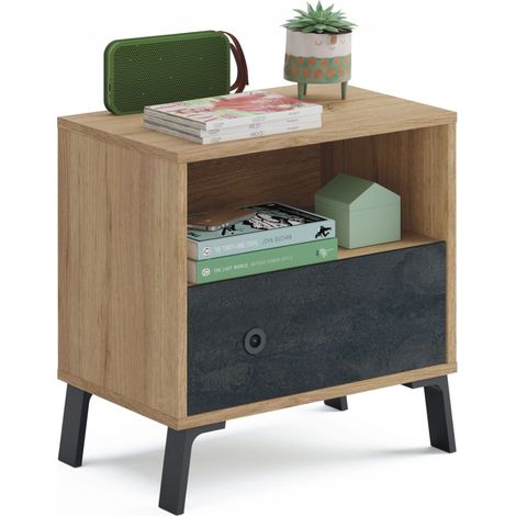 Table de chevet coloris chêne doré / imitation marbre - Hauteur 52 x Longueur 50 x Profondeur 35 cm - PEGANE - (1/4)