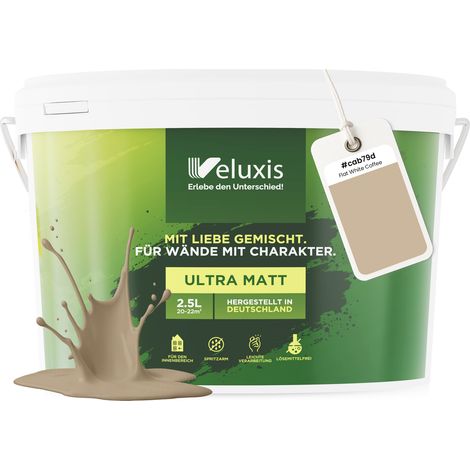Peinture murale beige, doré, gris clair, mate, pour intérieur – pouvoir couvrant classe 1, sans COV, sans apprêt, format en pot – salon et chambre – 2,5 L – Veluxis (Flat White Coffee)