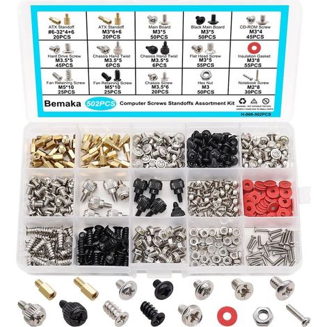 Assortiment de 502 vis d'ordinateur, vis d'entretoise de carte mère pour ventilateur PC, boîtier PC, disque, utilisées pour l'installation et la réparation de pièces d'ordinateur (1/5)