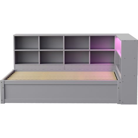 Letto singolo multifunzione 90x200 grigio con contenitori, presa multipla e striscia LED (1/5)