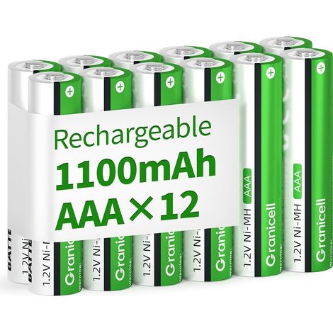 Granicell Lot de 12 piles rechargeables AAA - 1100 mAh - Haute capacité - 1500 cycles - 1,2 V NiMH - Faible auto-décharge (1/5)