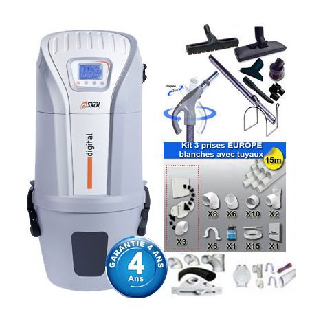 Aspiration centralisée SACH VAC Digital 1.8 kW garantie 4 ans (jusqu'à 300 M²) + Set inter 9 M + 8 accessoires + kit 3 prises + kit prise balai + kit prise garage (1/5)